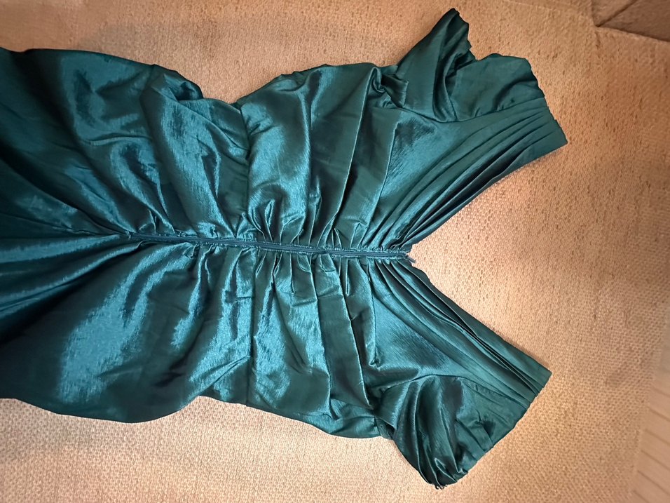 Drapeli V Yakalı Turkuaz Uzun Taşlı Abiye Elbise - Görsel 3