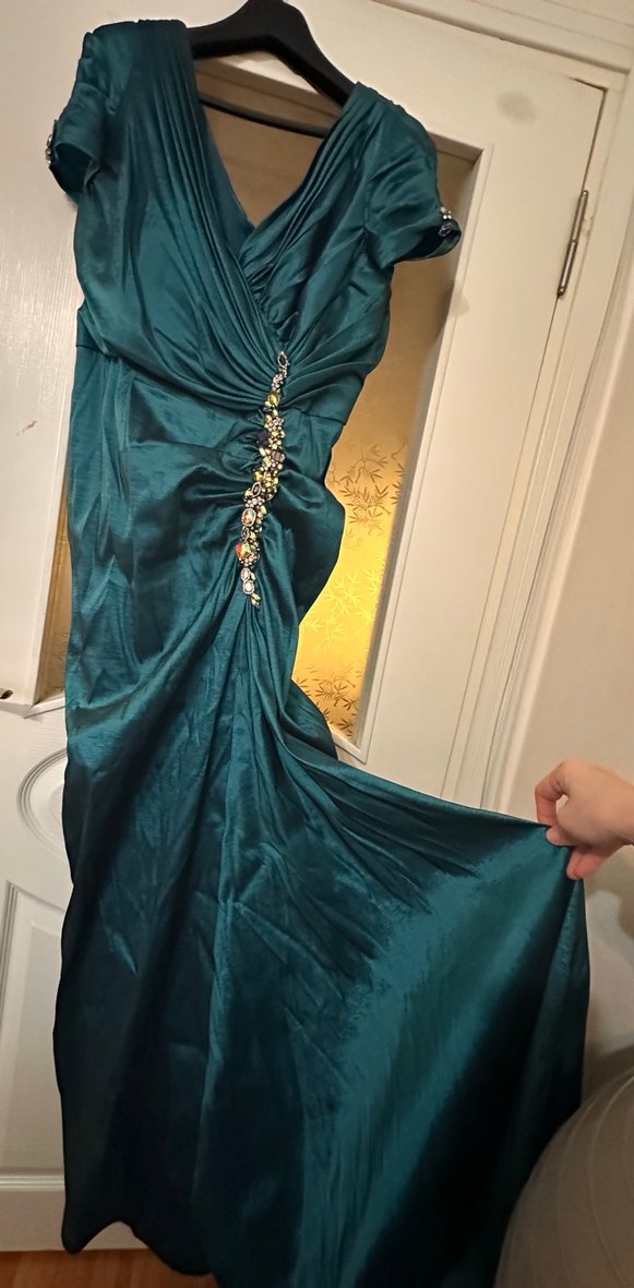 Drapeli V Yakalı Turkuaz Uzun Taşlı Abiye Elbise - Görsel 4