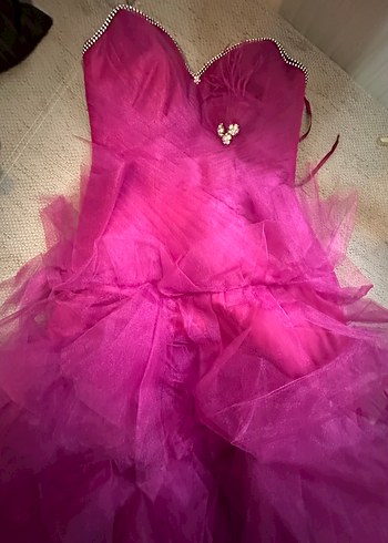 Pembe Uzun Straplez Fırfırlı Nişanlık Abiye - Görsel 3