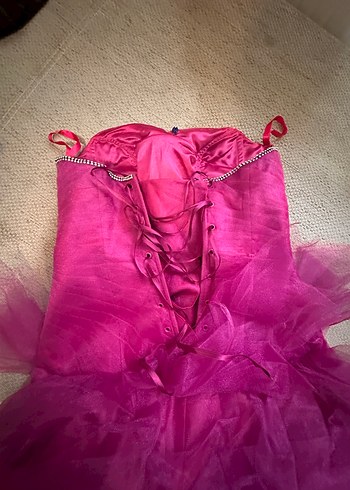 Pembe Uzun Straplez Fırfırlı Nişanlık Abiye - Görsel 4