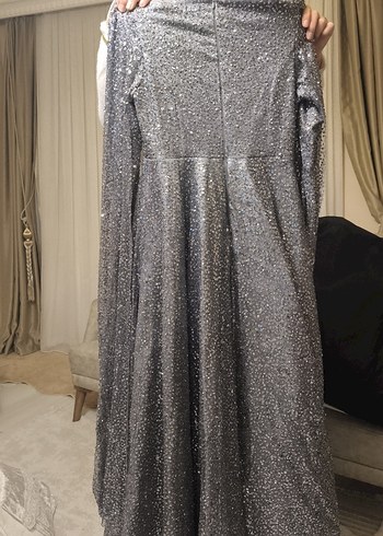 Gri Uzun Kollu Drapeli Abiye Elbise - Görsel 2