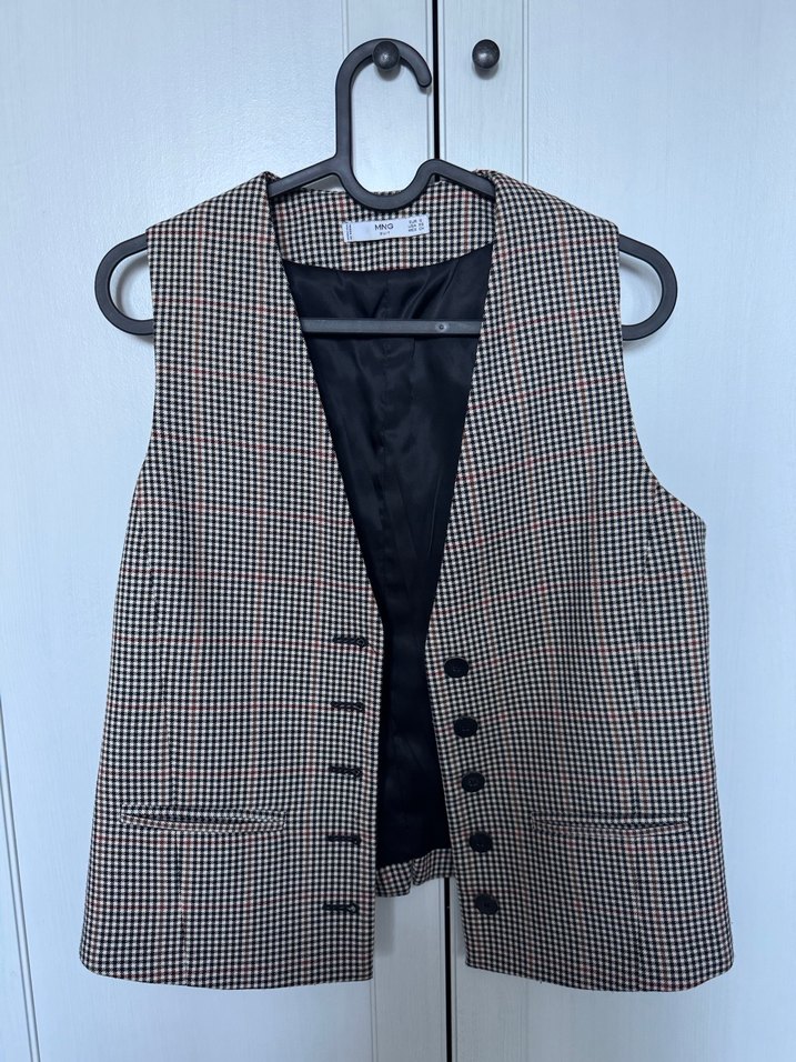 Kadın Kahverengi Ekose Düğmeli Yelek - Görsel 4