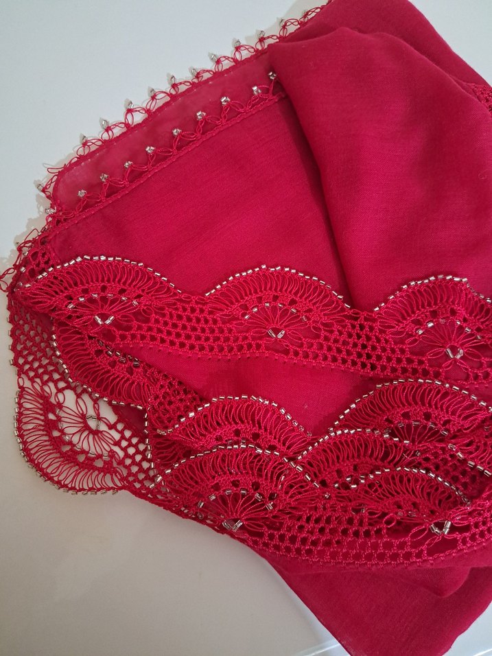 Parlak kesme boncuklu Pembe Kadın eşarp başörtü - Görsel 5