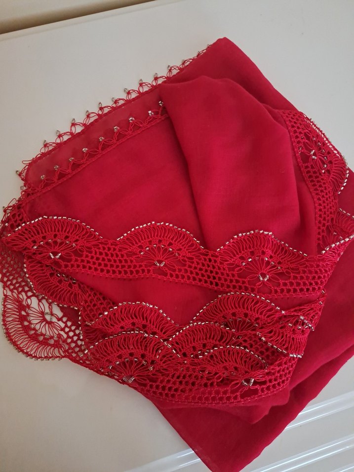 Parlak kesme boncuklu Pembe Kadın eşarp başörtü - Görsel 2