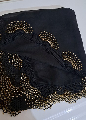 Boncuklu Siyah Başörtü yazma eşarp - Görsel 2