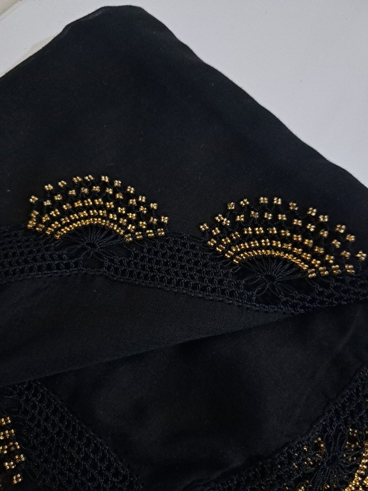 Boncuklu Siyah Başörtü yazma eşarp - Görsel 3