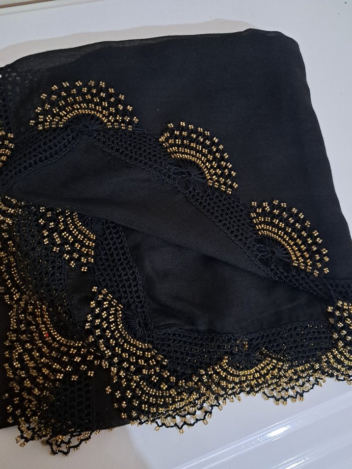 Boncuklu Siyah Başörtü yazma eşarp - Görsel 2