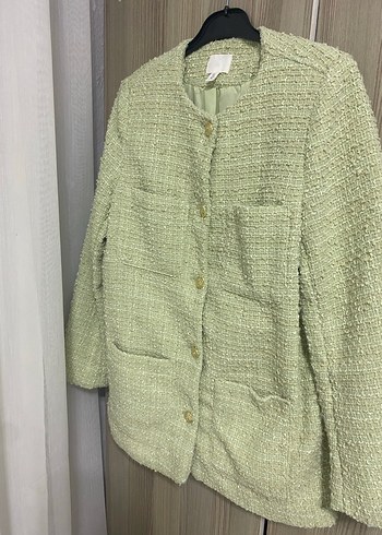 H&M Düğmeli Yeşil Midi Triko Kadın blazer ceket - Görsel 2