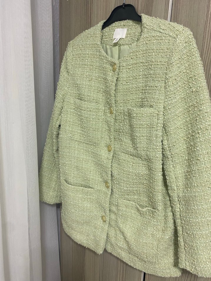 H&M Düğmeli Yeşil Midi Triko Kadın blazer ceket - Görsel 2