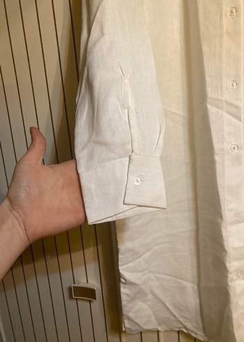 Beyaz Keten Uzun Kollu Midi Gömlek - Görsel 3