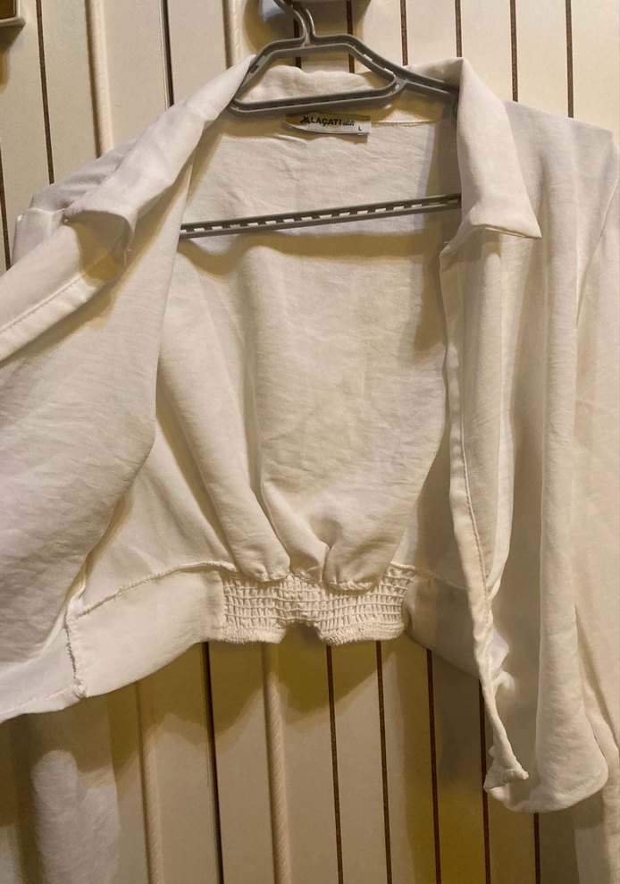 Kadın Beyaz Keten  Uzun Kollu Gömlek - Görsel 4