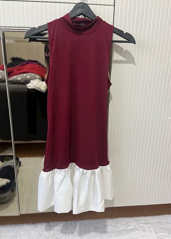 Bordo Beyaz Fırfırlı Midi Elbise - Görsel 2