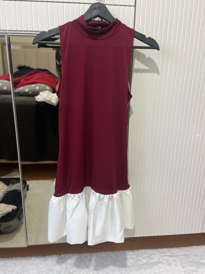 Bordo Beyaz Fırfırlı Midi Elbise - Görsel 2