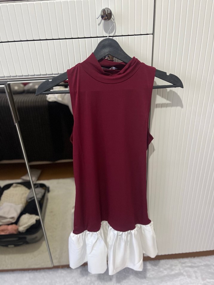 Bordo Beyaz Fırfırlı Midi Elbise - Görsel 3