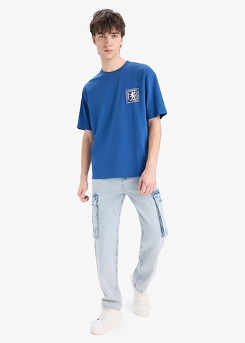 Mavi Baskılı Oversize Erkek Tişört - Görsel 3