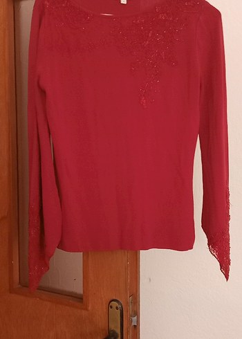 Perlina Nakışlı Bordo bluz