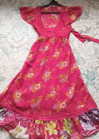 l Beden Pembe Çiçekli Uzun Bohem Elbise