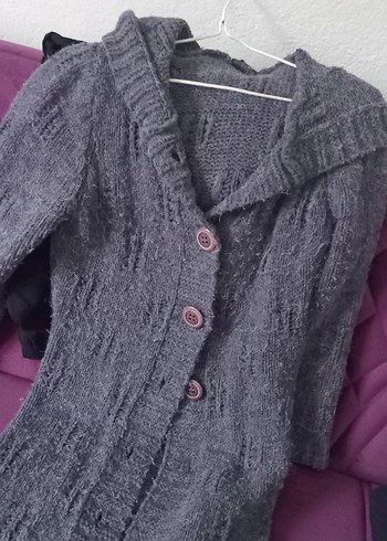 Gri Uzun Triko Kadın Hırka - Görsel 5