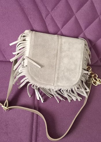 Püsküllü Gri Süet Bohem Kadın Çanta - Görsel 5