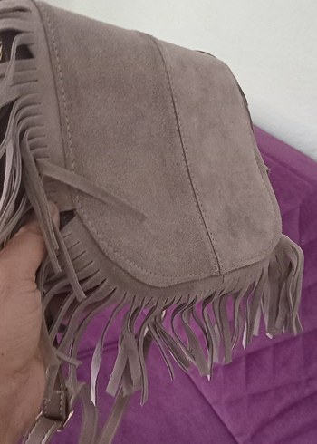 Püsküllü Gri Süet Bohem Kadın Çanta - Görsel 7