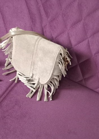 Püsküllü Gri Süet Bohem Kadın Çanta - Görsel 2