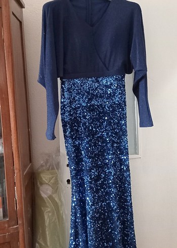 Koyu Mavi Drapeli Uzun Abiye Elbise - Görsel 5