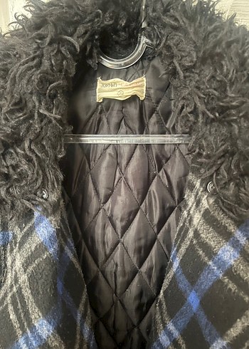 Kürk Detaylı Mavi Kareli Kadın Kaban - Görsel 6