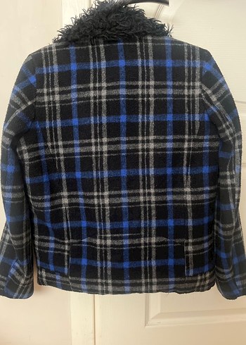 Kürk Detaylı Mavi Kareli Kadın Kaban - Görsel 4