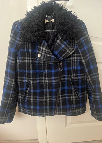 Kürk Detaylı Mavi Kareli Kadın Kaban - Görsel 2