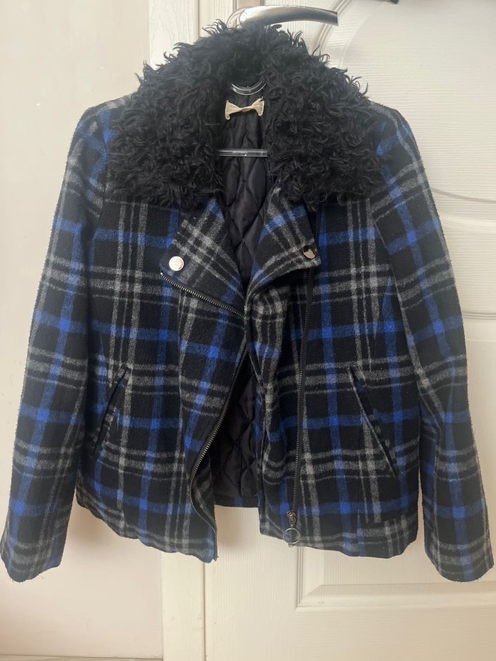 Kürk Detaylı Mavi Kareli Kadın Kaban - Görsel 3