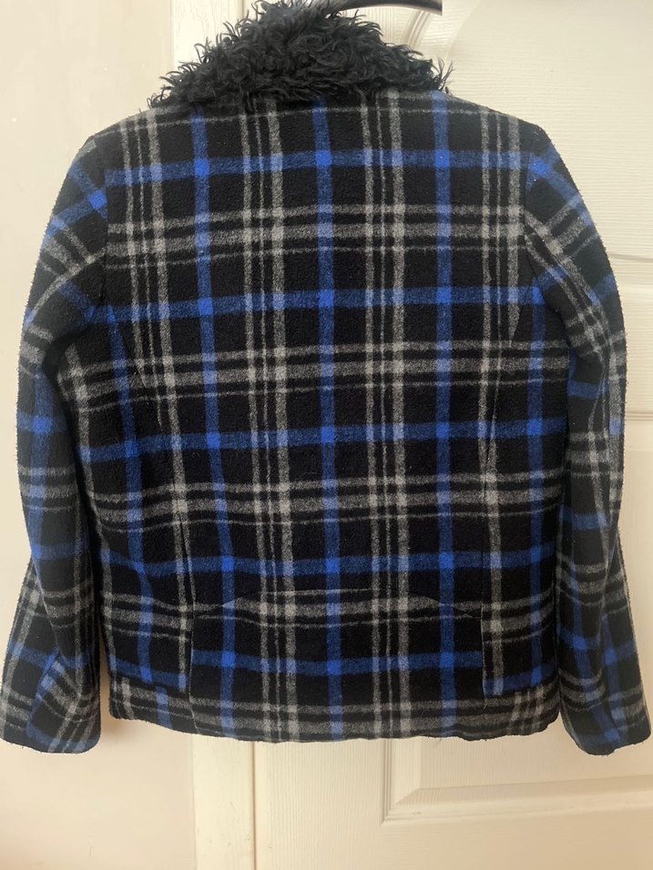 Kürk Detaylı Mavi Kareli Kadın Kaban - Görsel 4