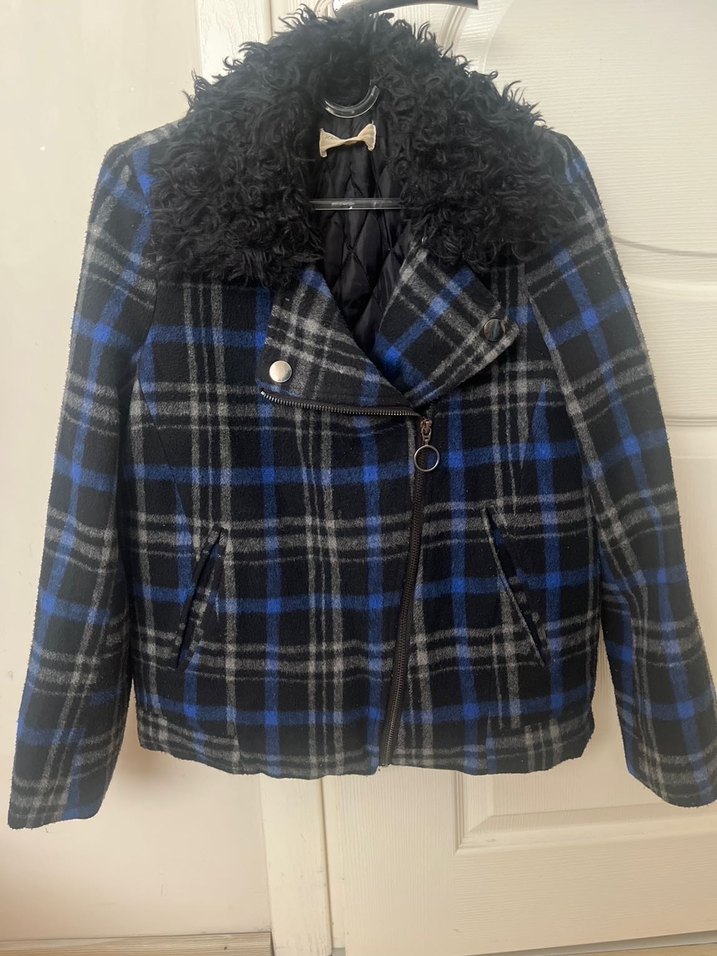 Kürk Detaylı Mavi Kareli Kadın Kaban - Görsel 2