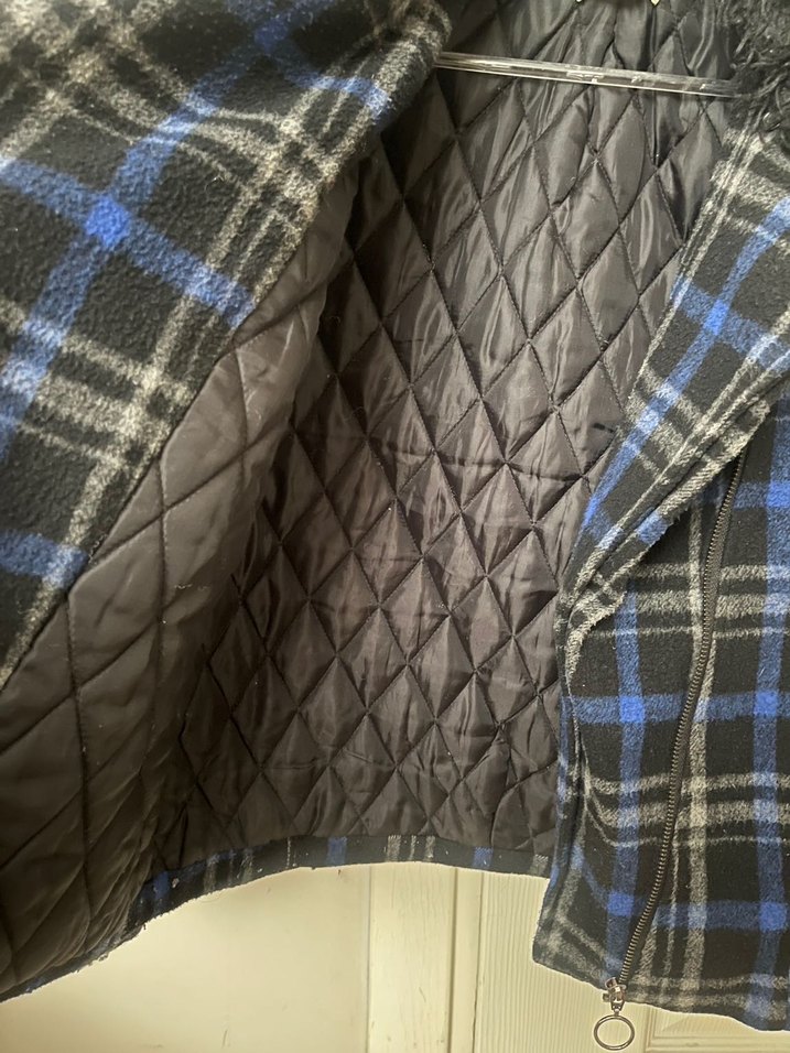 Kürk Detaylı Mavi Kareli Kadın Kaban - Görsel 5