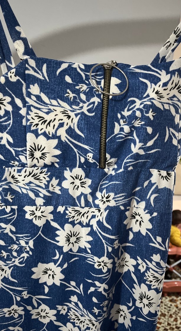 Mavi Çiçek Desenli Denim Midi Elbise - Görsel 2