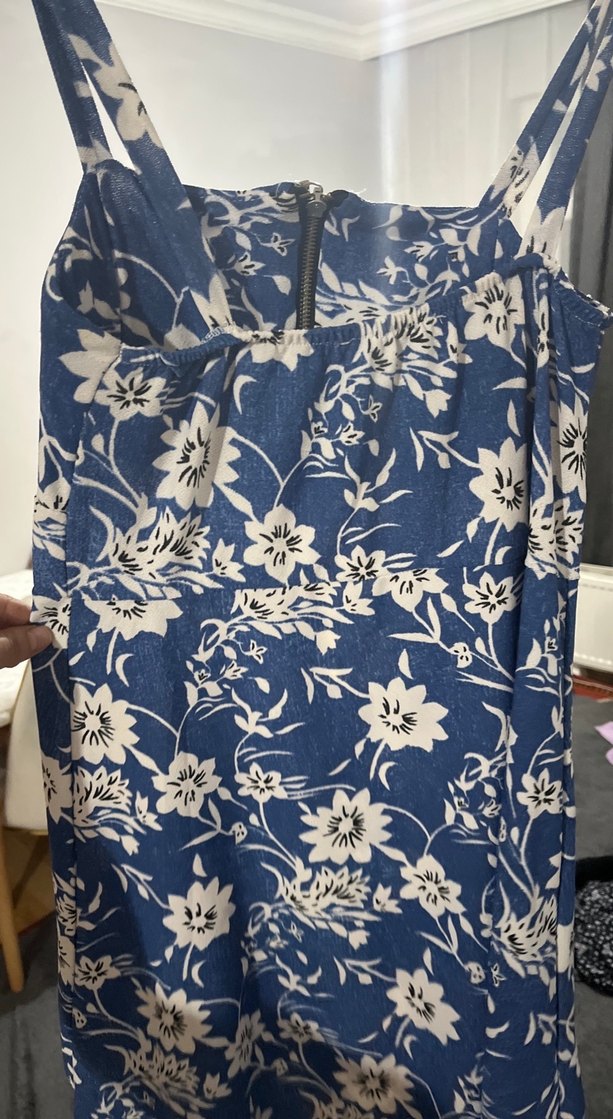 Mavi Çiçek Desenli Denim Midi Elbise - Görsel 4