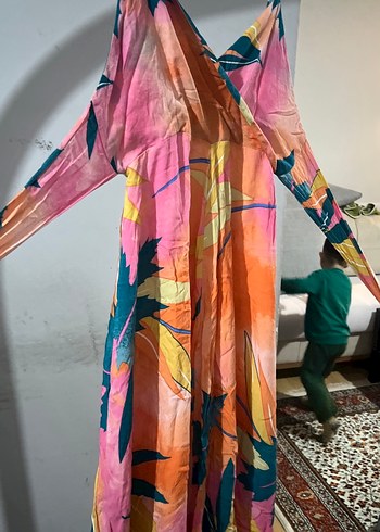 Drapeli Çok Renkli Uzun Kadın Elbise - Görsel 3