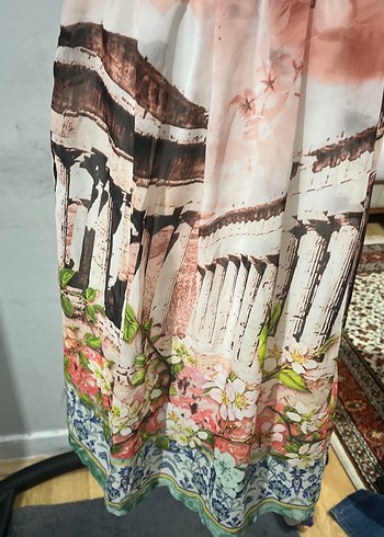 Pembe V Yaka Bağlama Desenli Uzun Elbise - Görsel 2