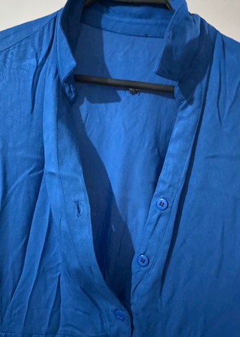 Mavi V Yaka Midi Keten Elbise - Görsel 2