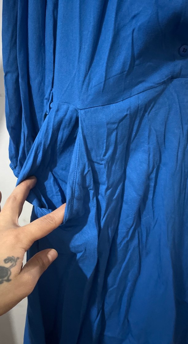 Mavi V Yaka Midi Keten Elbise - Görsel 3