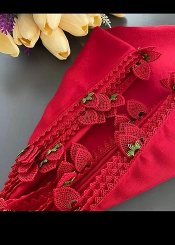 Bohem Kırmızı Çilek Motifli El İşi - Görsel 2