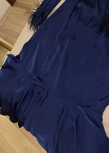 Saten Uzun Kol Kürklü Lacivert Abiye Elbise - Görsel 4