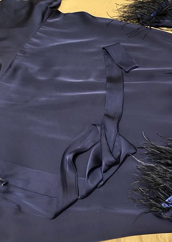 Saten Uzun Kol Kürklü Lacivert Abiye Elbise - Görsel 5