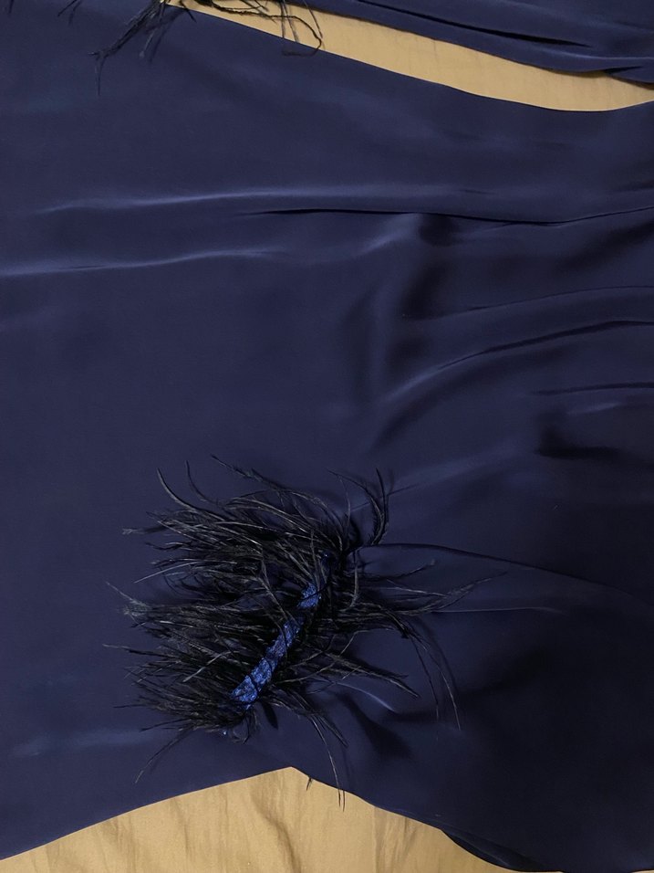 Saten Uzun Kol Kürklü Lacivert Abiye Elbise - Görsel 2