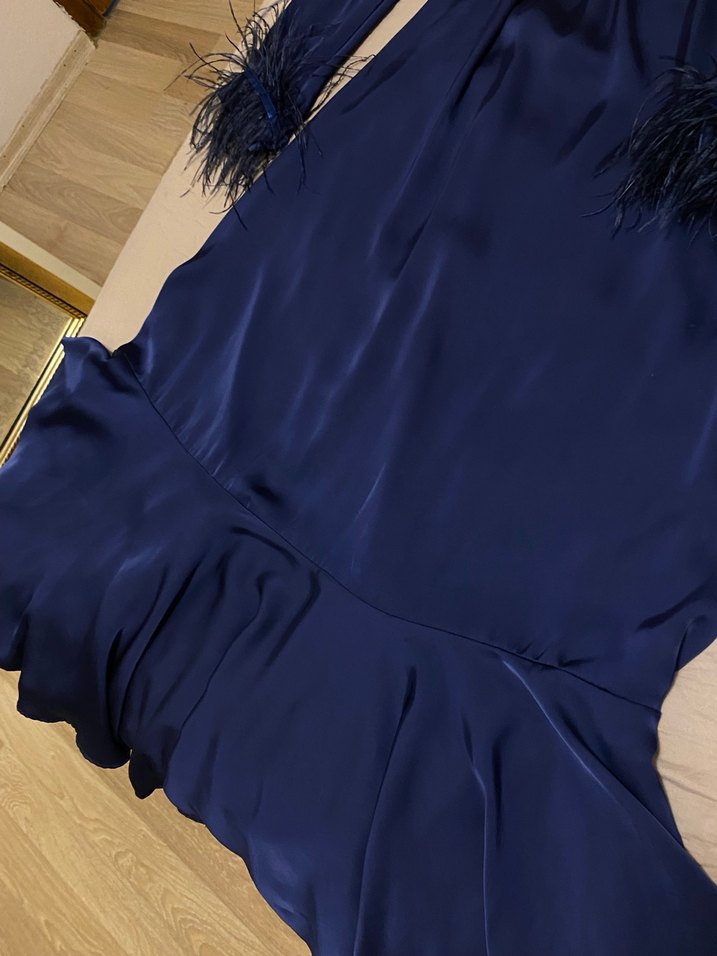 Saten Uzun Kol Kürklü Lacivert Abiye Elbise - Görsel 4