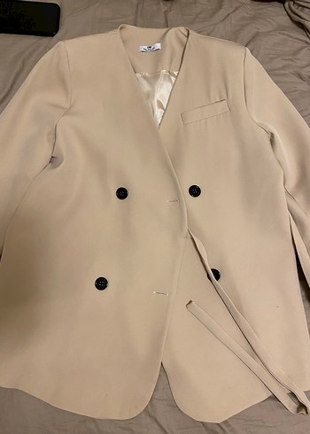 Bej Düğmeli Kadın Midi Blazer Ceket - Görsel 2