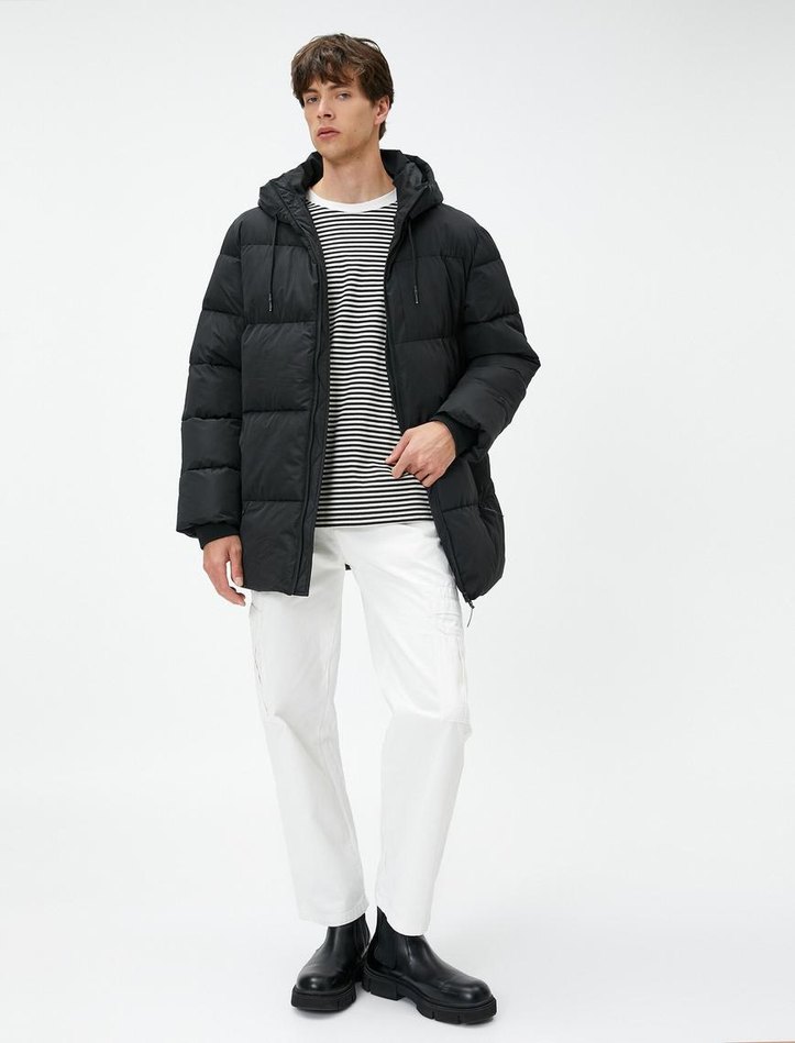 Erkek Gri Midi Kışlık Mont Kapüşonlu - Görsel 2