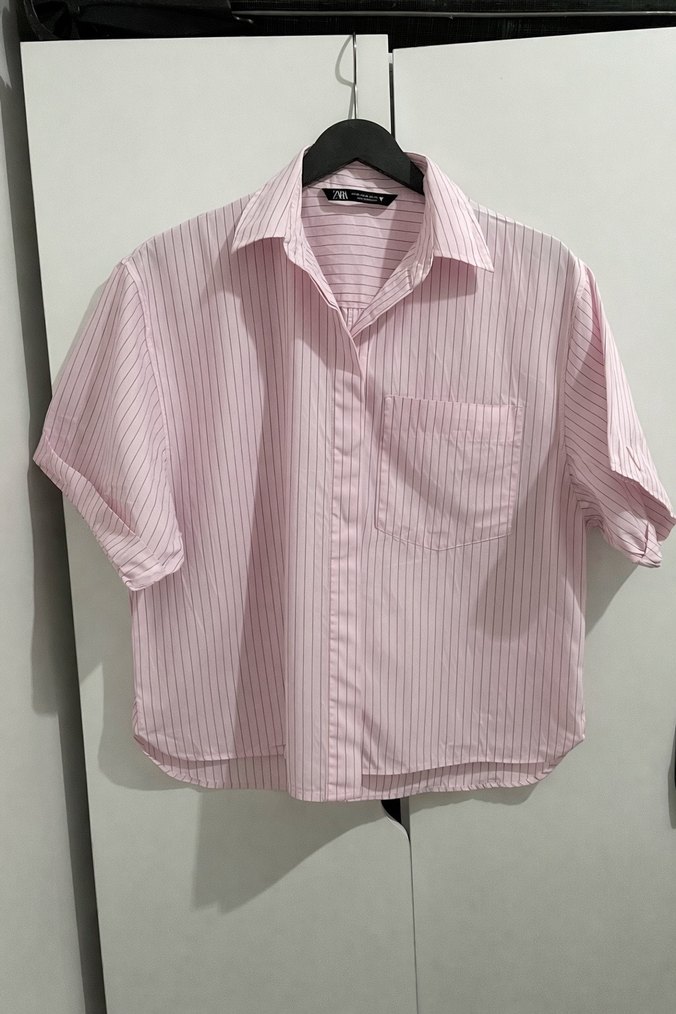 ara Kısa Kollu Pembe Çizgili Gömlek - Görsel 2