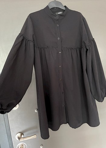 Düğmeli Siyah Midi Uzun Kollu Keten Tunik - Görsel 2