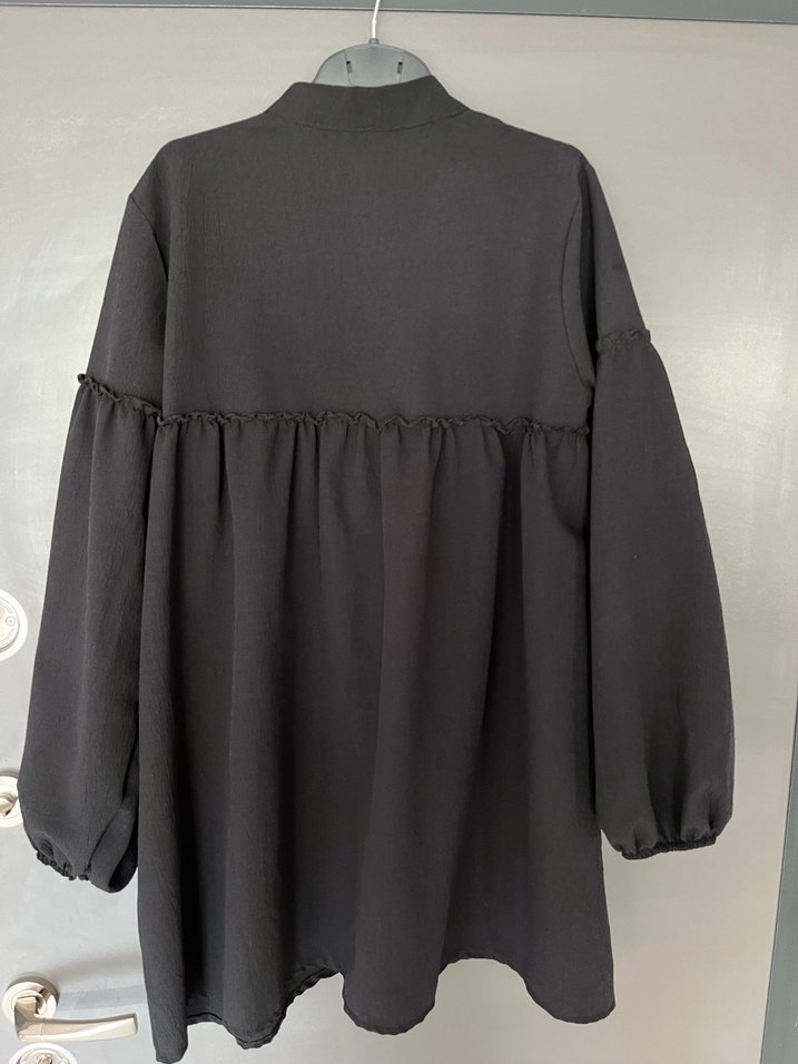 Düğmeli Siyah Midi Uzun Kollu Keten Tunik - Görsel 3