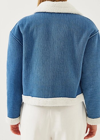 Kürk Detaylı Mavi Denim Kadın Ceket - Görsel 3